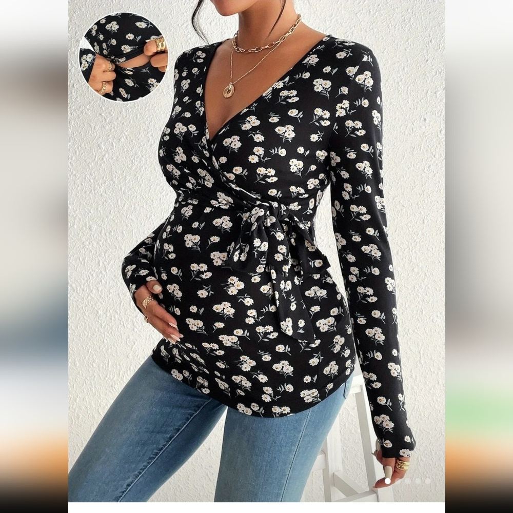 Floral Print Black Maternity Top